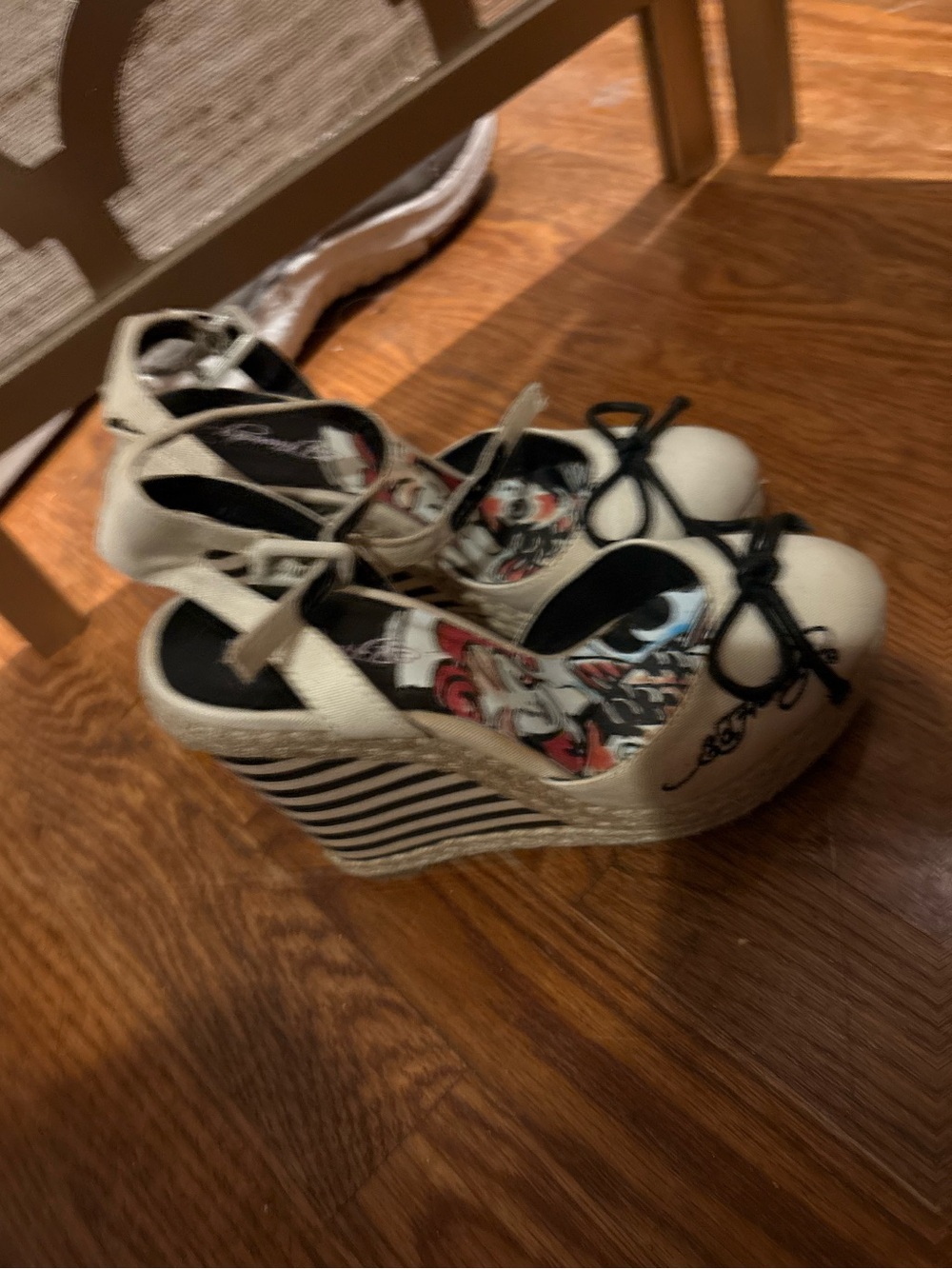 Ed Hardy Cream and Black Striped Espadrille Wedge Sandals - Picture 3 of 10